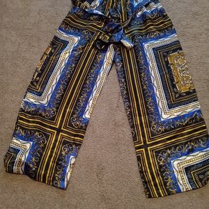 Elegant Blue and Gold Patterned Women's Pants